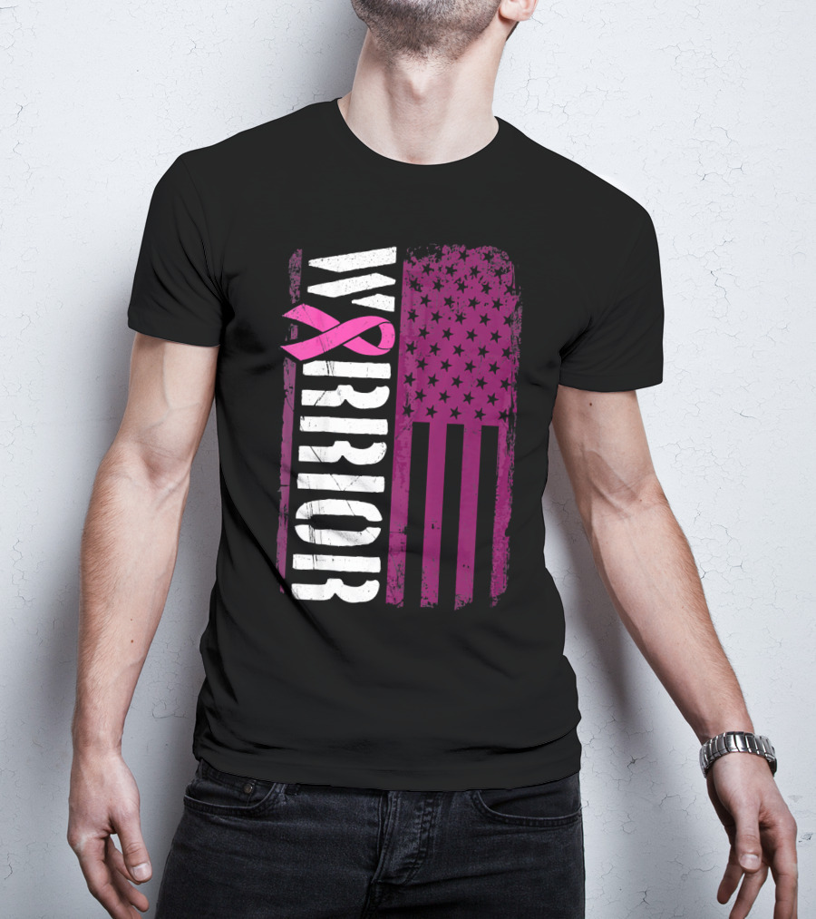 WARRIOR Breast Cancer Awareness Pink Ribbon American Flag T-Shirt
