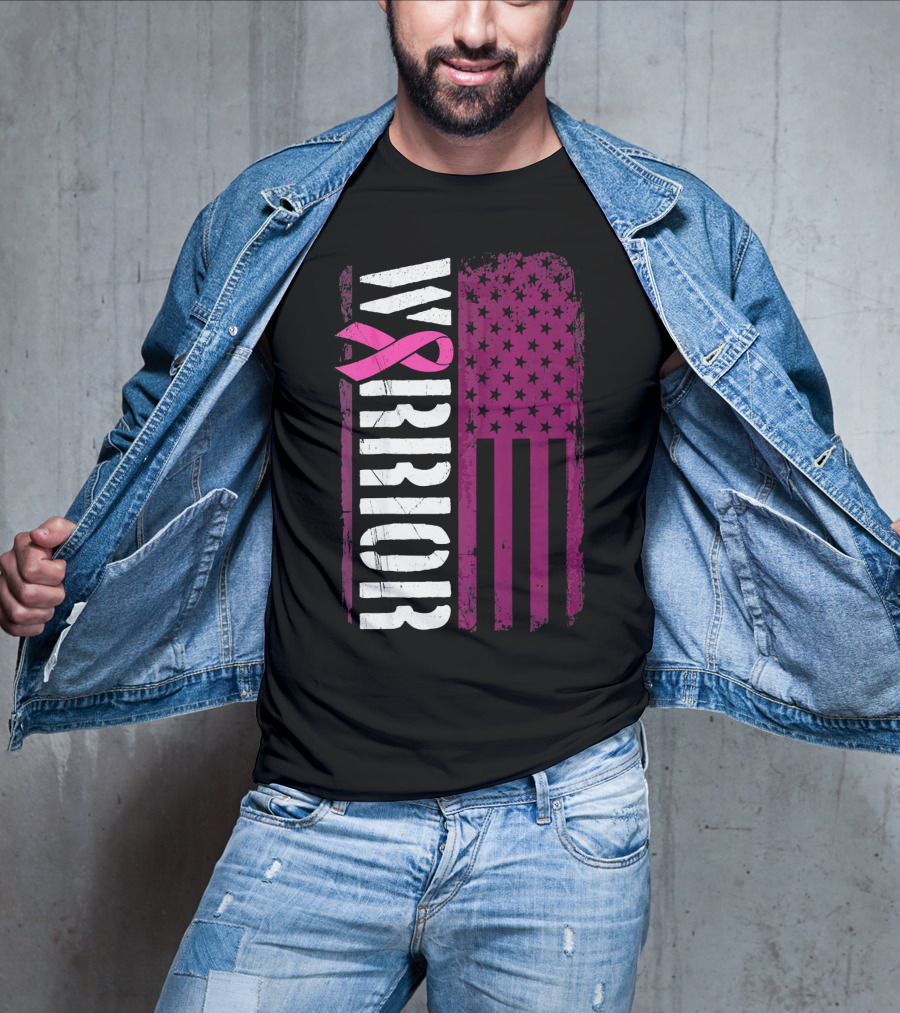 WARRIOR Breast Cancer Awareness Pink Ribbon American Flag T-Shirt