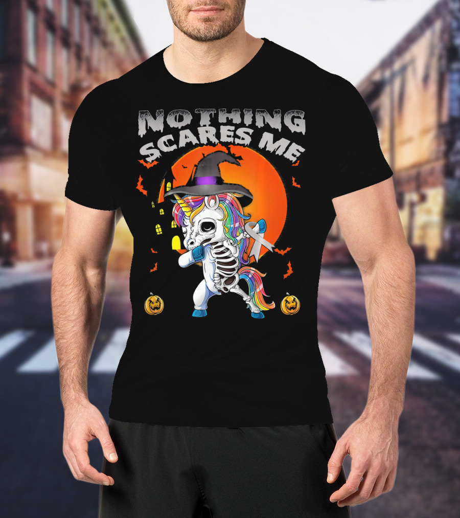 Nothing Scares Me Brain Cancer Dabbing Unicorn Skeleton T-Shirt