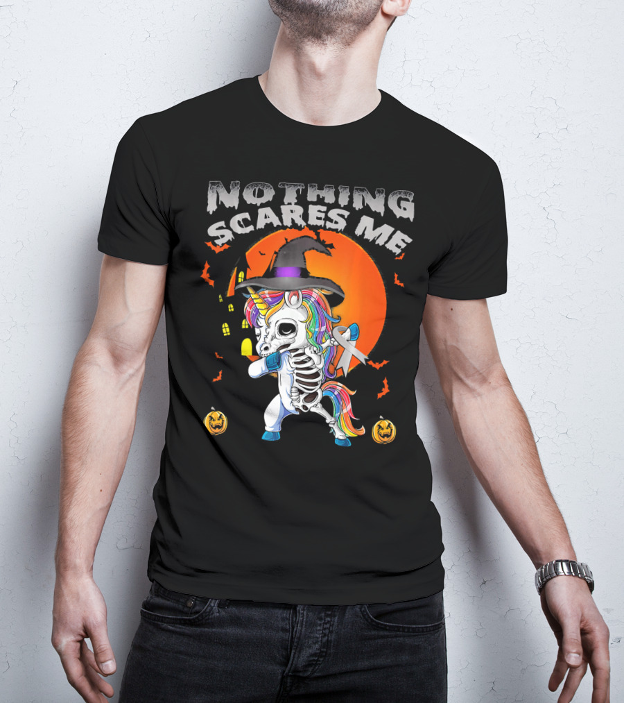 Nothing Scares Me Brain Cancer Dabbing Unicorn Skeleton T-Shirt
