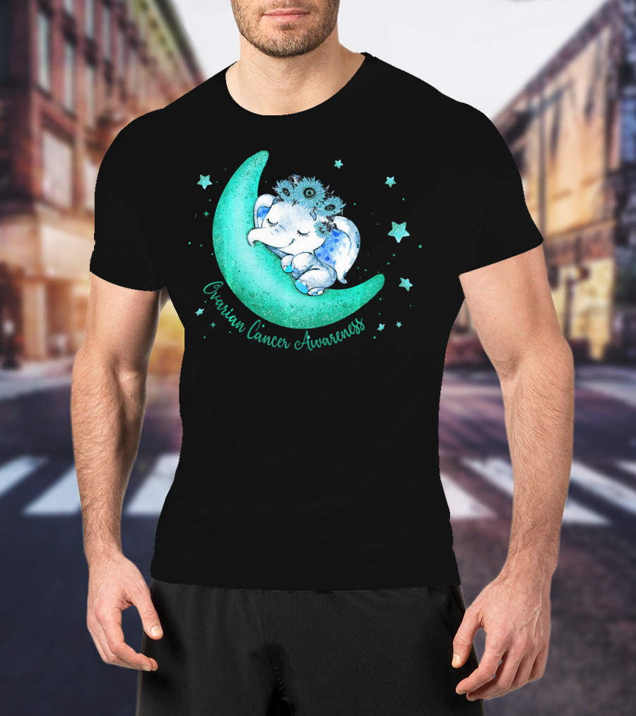 Ovarian Cancer Awareness Cute Elephant On The Moon T-Shirt