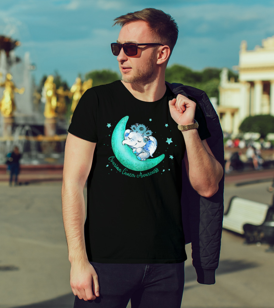 Ovarian Cancer Awareness Cute Elephant On The Moon T-Shirt