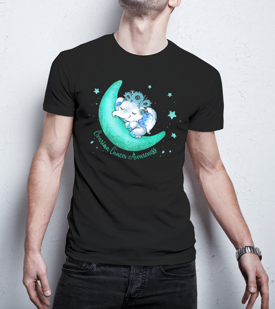 Ovarian Cancer Awareness Cute Elephant On The Moon T-Shirt