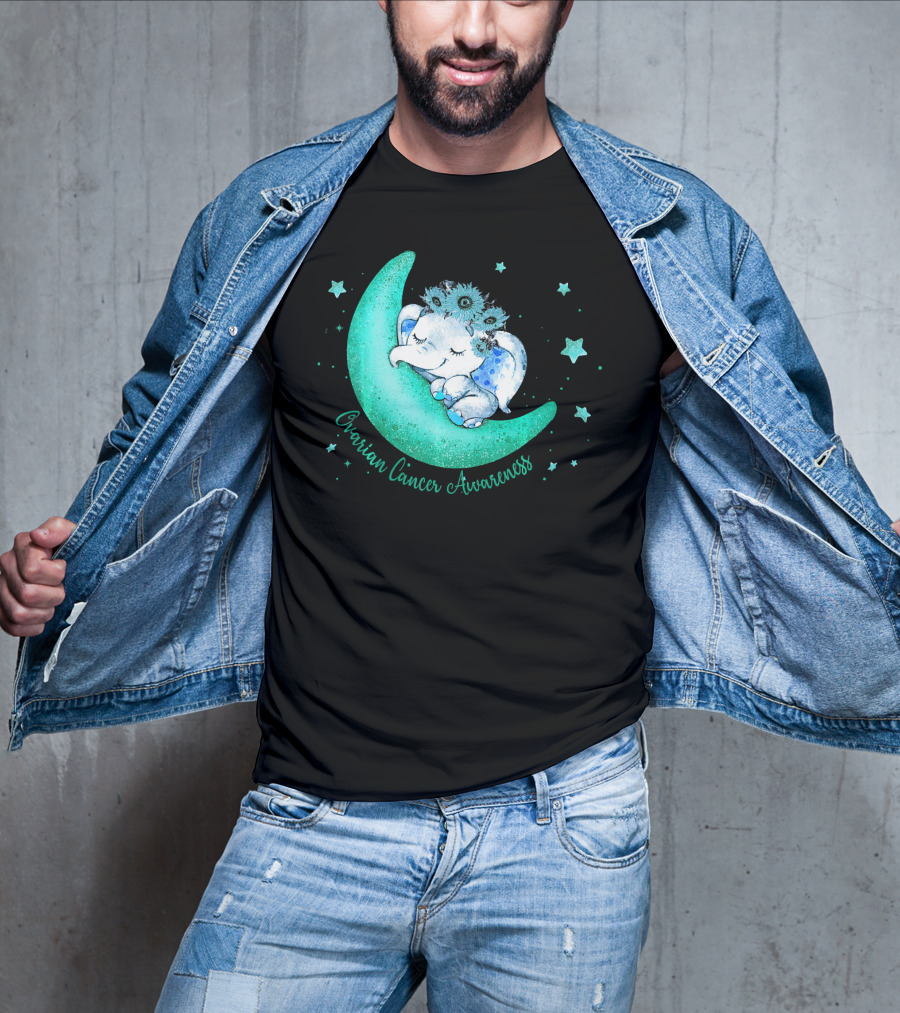 Ovarian Cancer Awareness Cute Elephant On The Moon T-Shirt