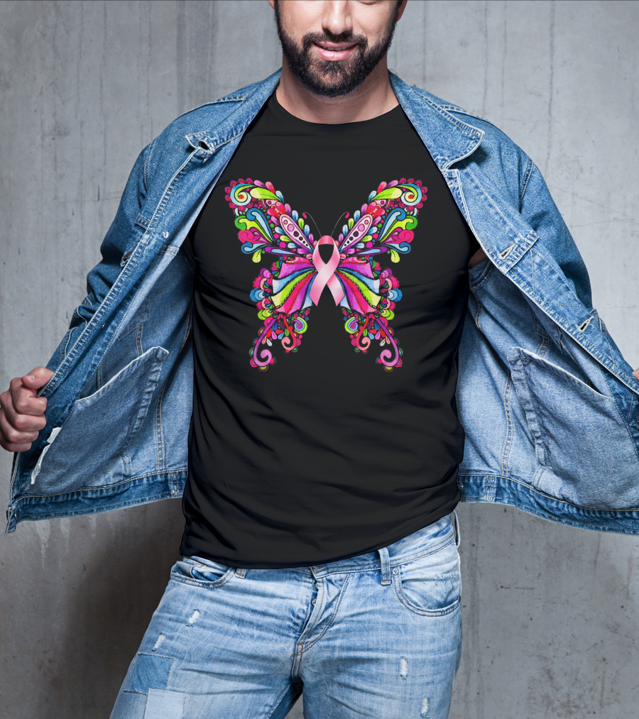 Colorful Hippie Butterfly Breast Cancer Awareness T-Shirt