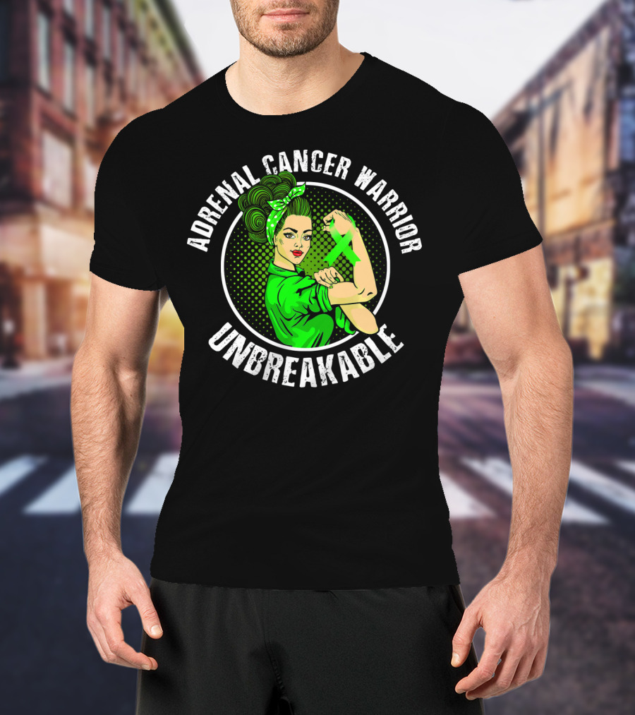 Adrenal Cancer Warrior Unbreakable Rosie The Riveter Green T-Shirt