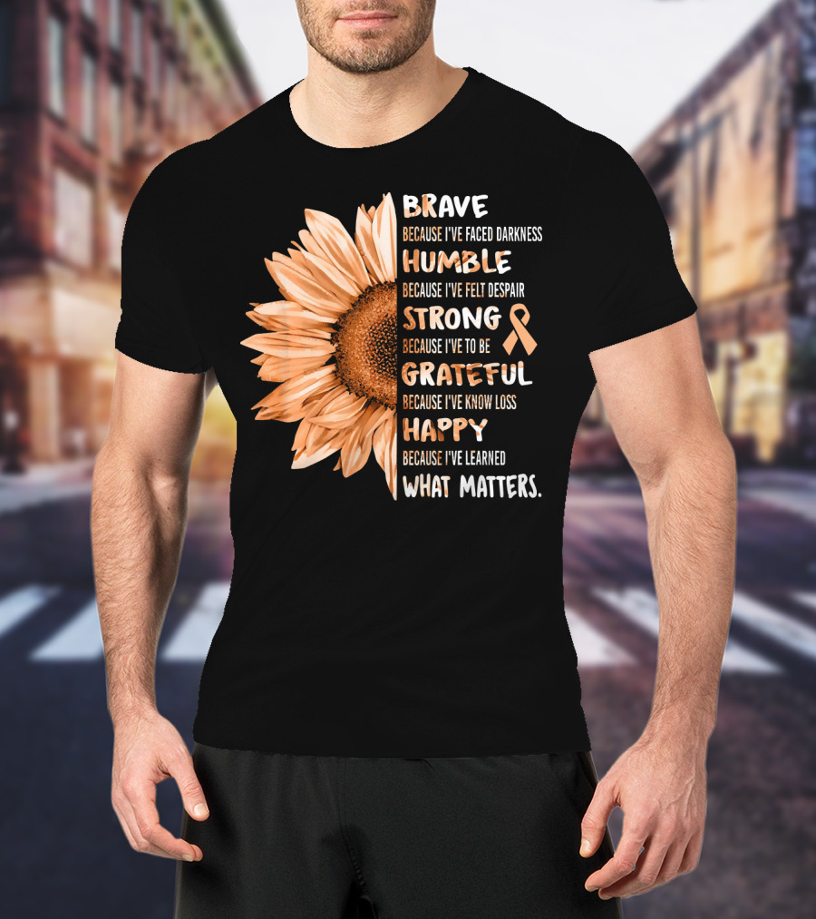 Brave Humble Strong Grateful Happy Sunflower Peach Ribbon Uterine Cancer T-Shirt