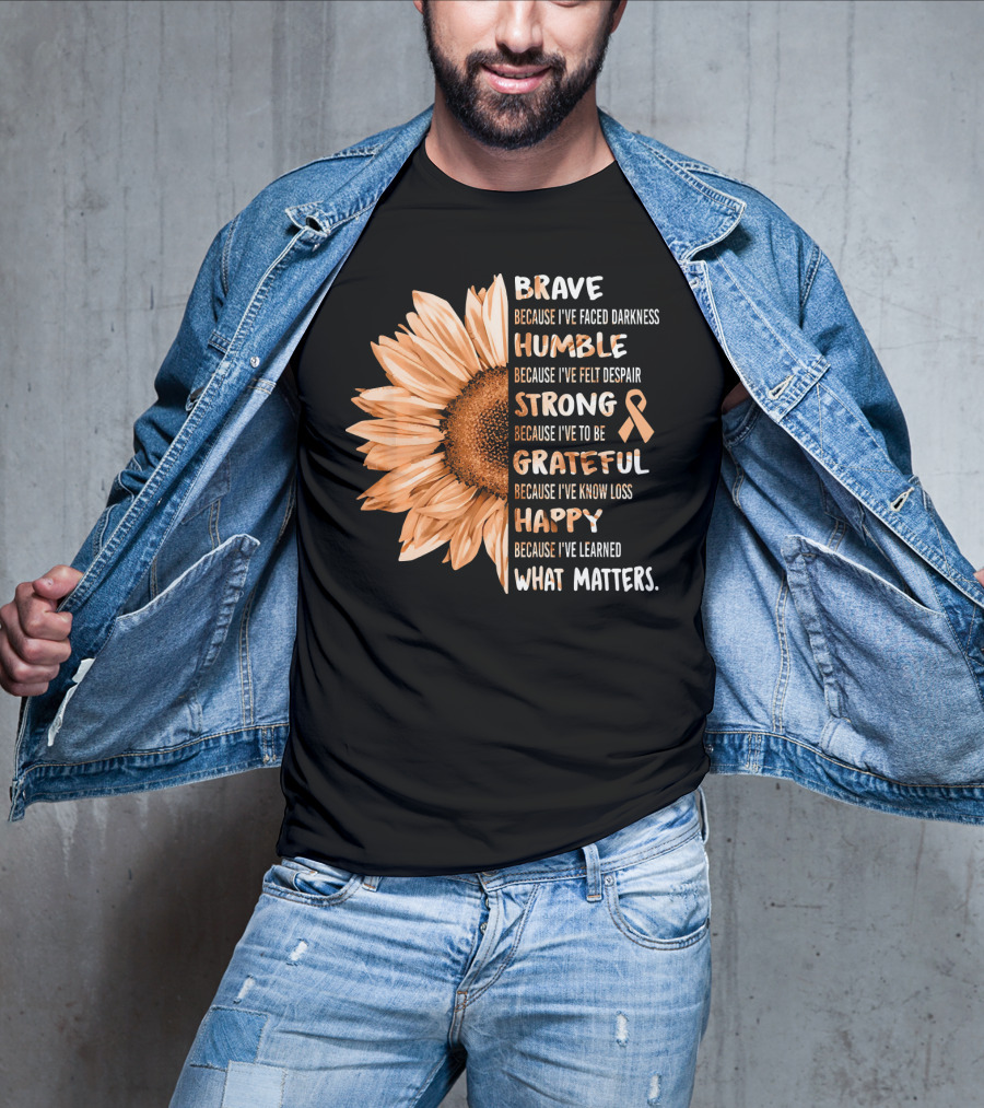 Brave Humble Strong Grateful Happy Sunflower Peach Ribbon Uterine Cancer T-Shirt
