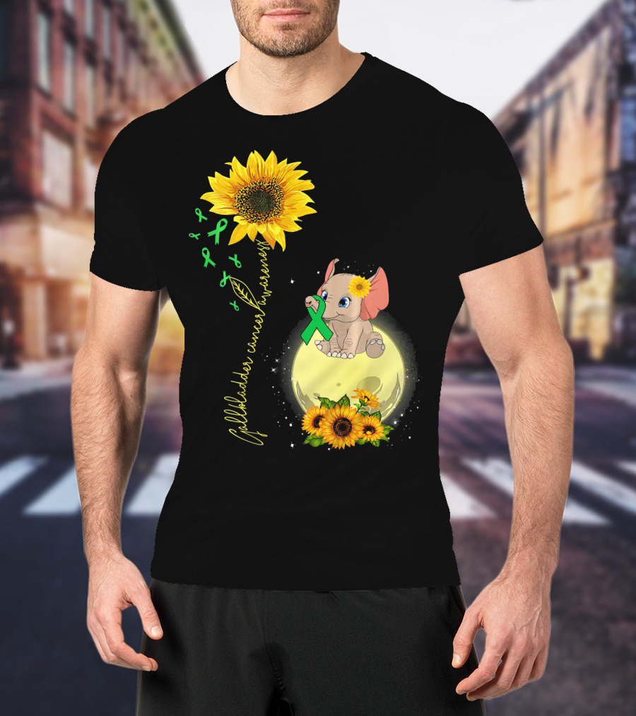 Gallbladder Cancer Awareness Elephant With Sunflowers And Green T-Shirt