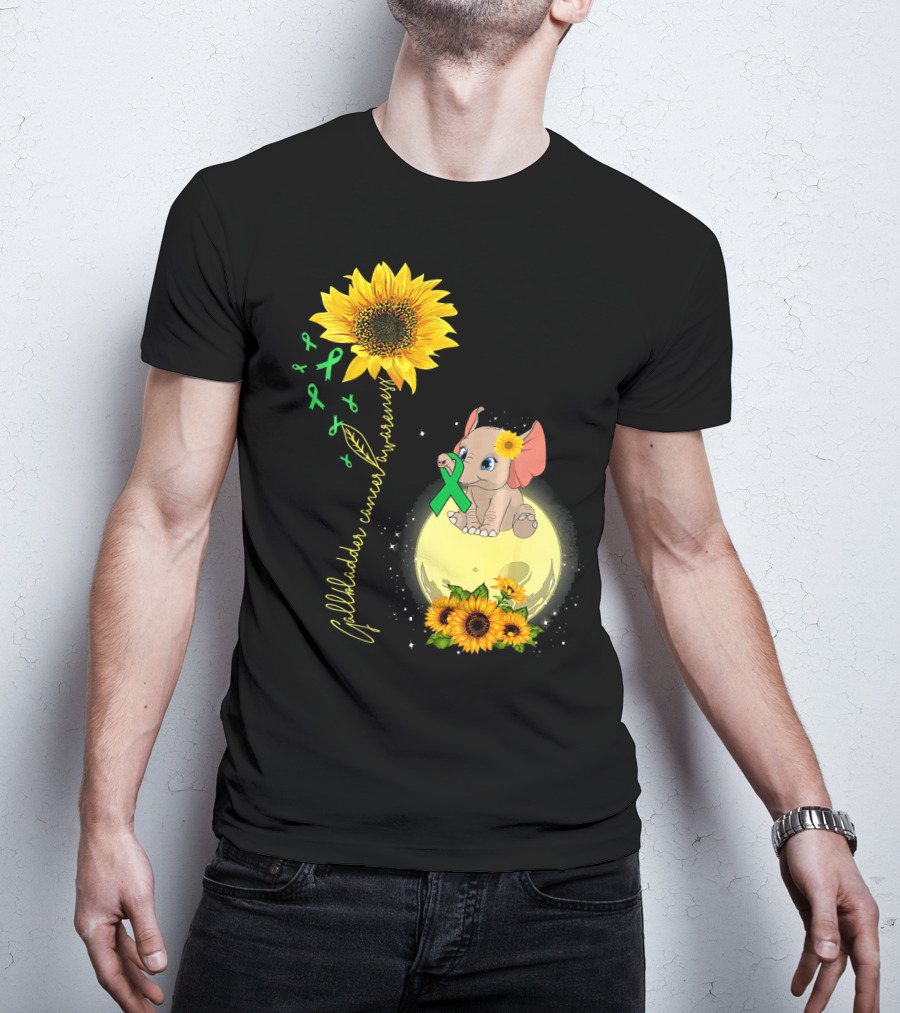 Gallbladder Cancer Awareness Elephant With Sunflowers And Green T-Shirt