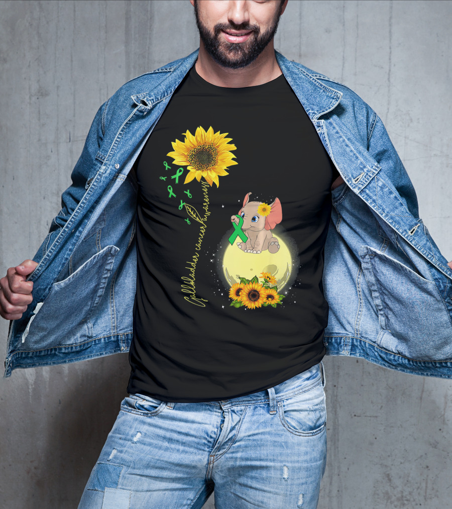Gallbladder Cancer Awareness Elephant With Sunflowers And Green T-Shirt