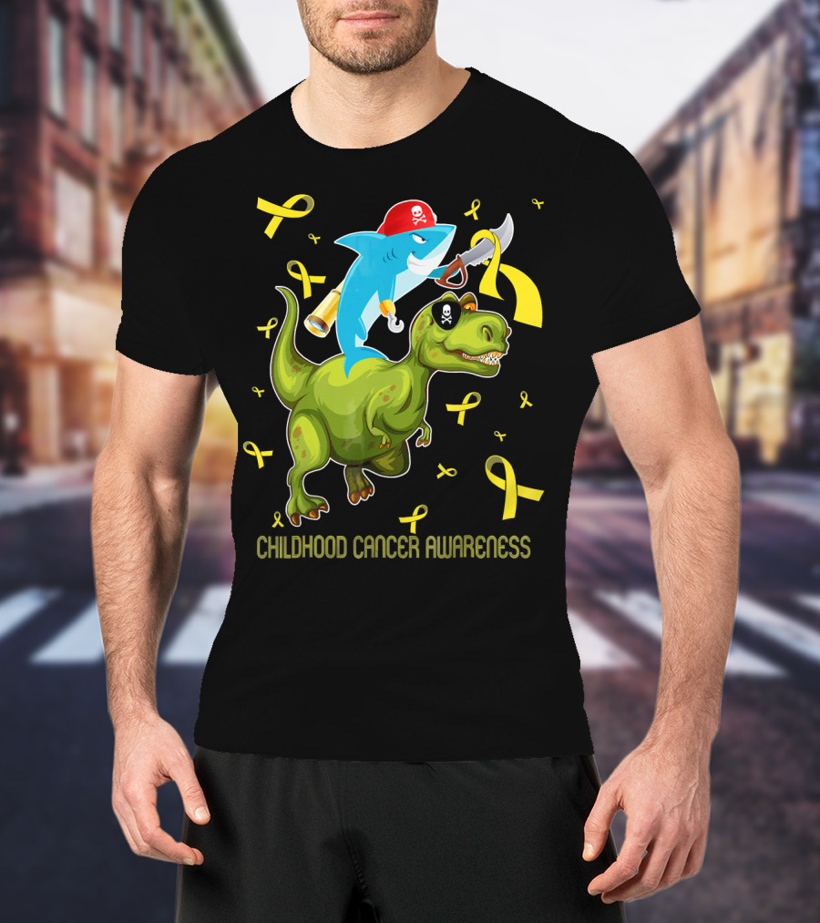 Childhood Cancer Awareness Shark And Dinosaur With Yellow Ribbons T-Shirt