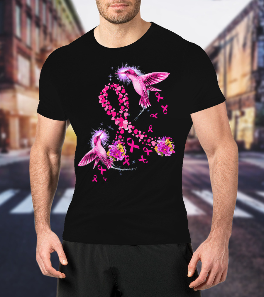 Hummingbird Heart Pink Ribbon Breast Cancer Awareness Flowers T-Shirt