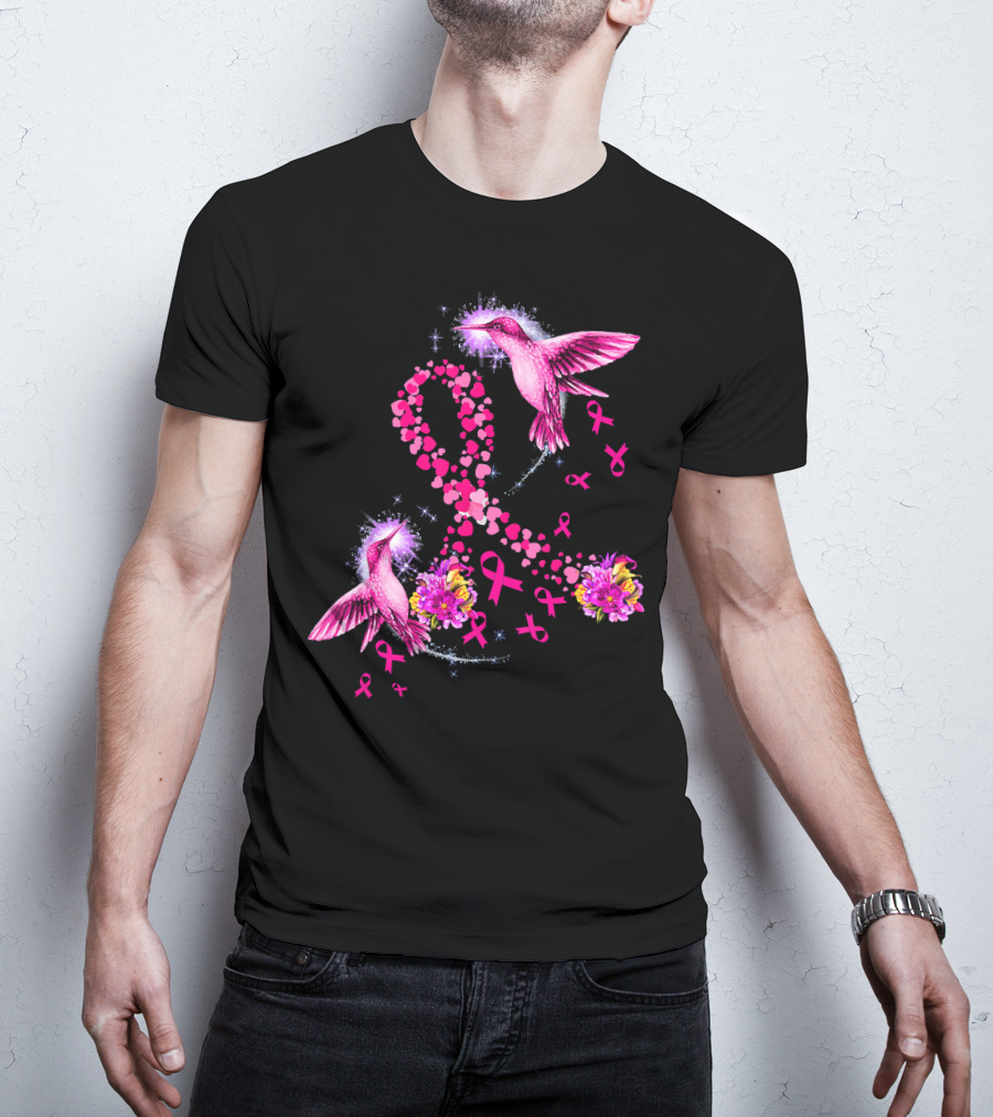 Hummingbird Heart Pink Ribbon Breast Cancer Awareness Flowers T-Shirt
