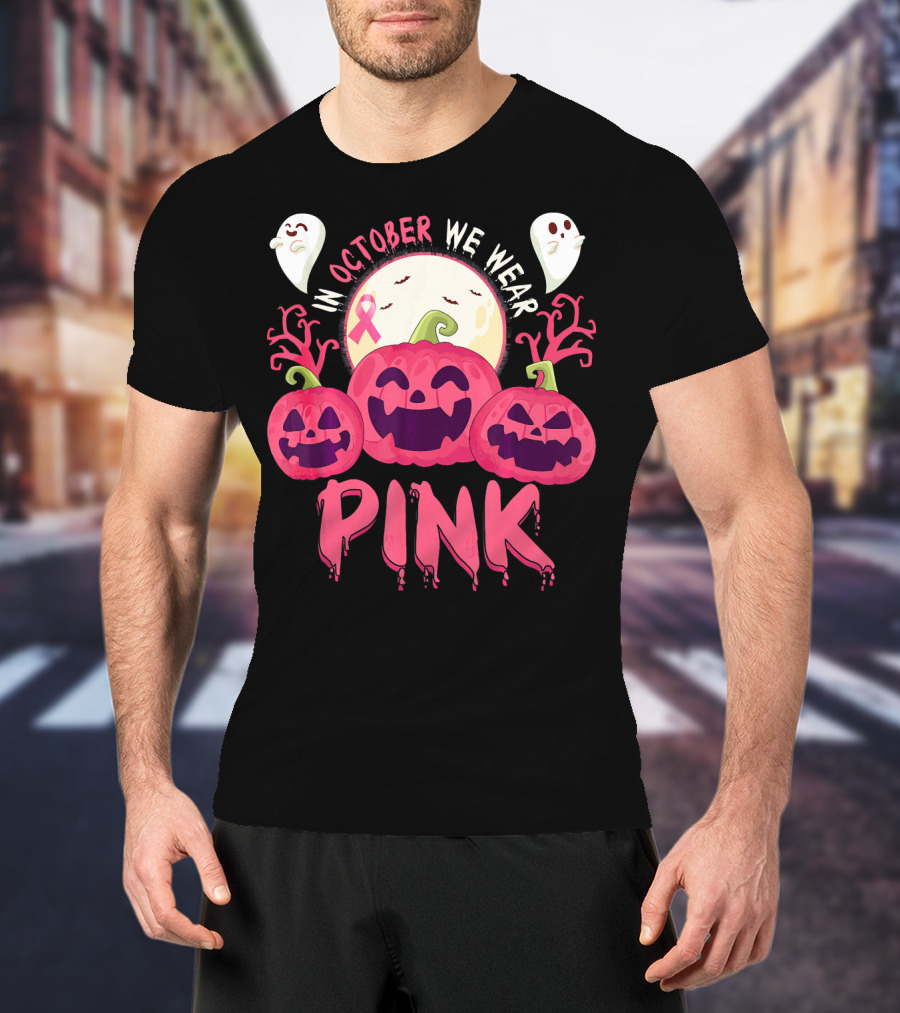 In October We Wear Pink Pumpkin With Ghosts And Moon T-Shirt