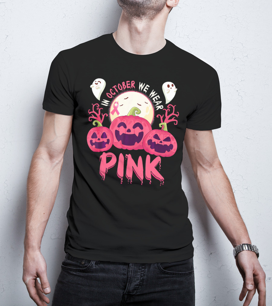 In October We Wear Pink Pumpkin With Ghosts And Moon T-Shirt