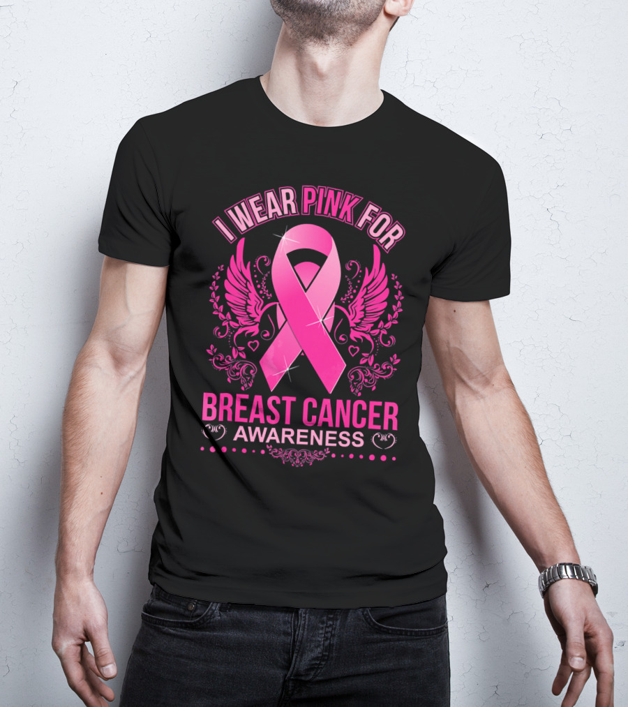 I Wear Pink For Breast Cancer Awareness Ribbon And Wings T-Shirt