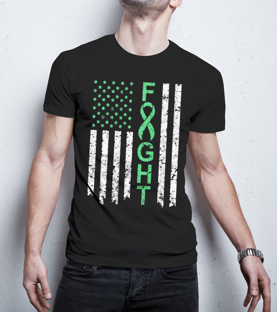Liver Cancer Awareness Green Ribbon Fight American Flag T-Shirt