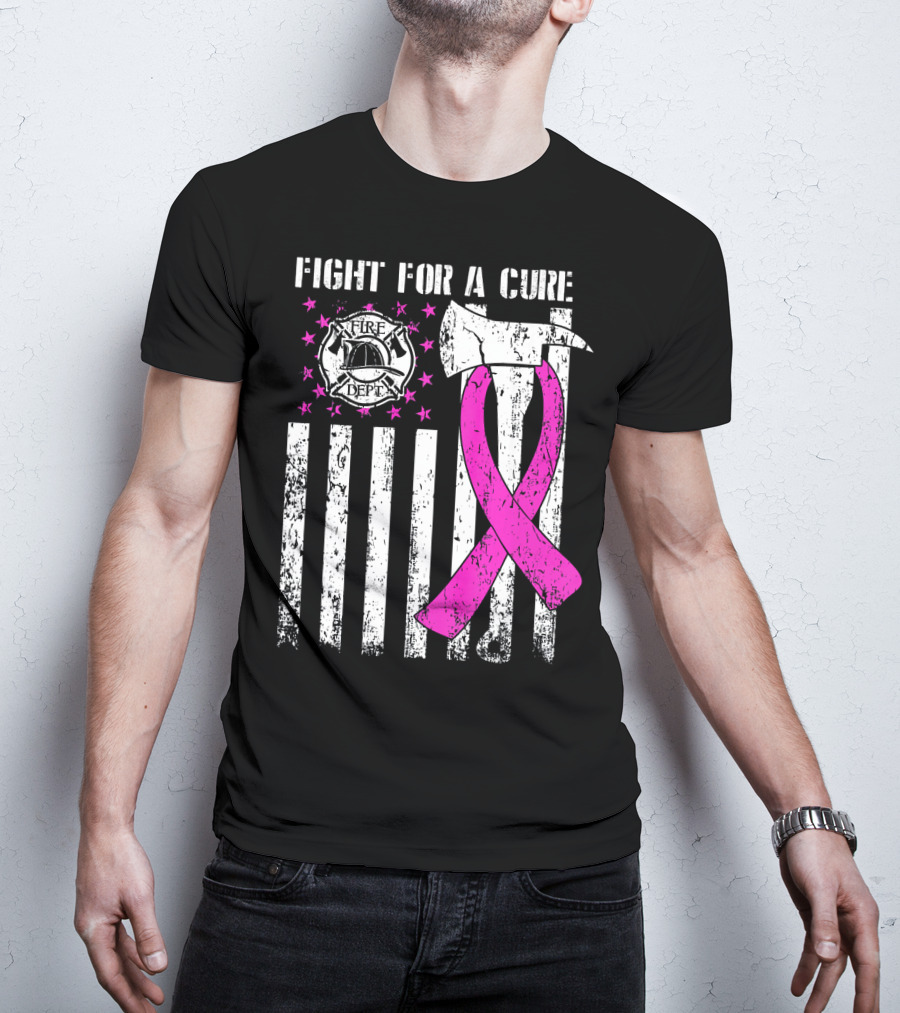 Fight For A Cure Fire Dept Pink Ribbon Axe Flag T-Shirt