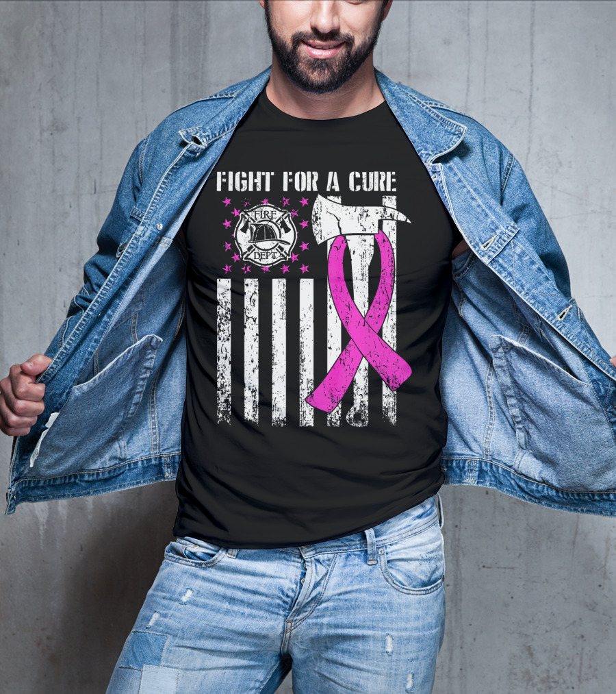 Fight For A Cure Fire Dept Pink Ribbon Axe Flag T-Shirt