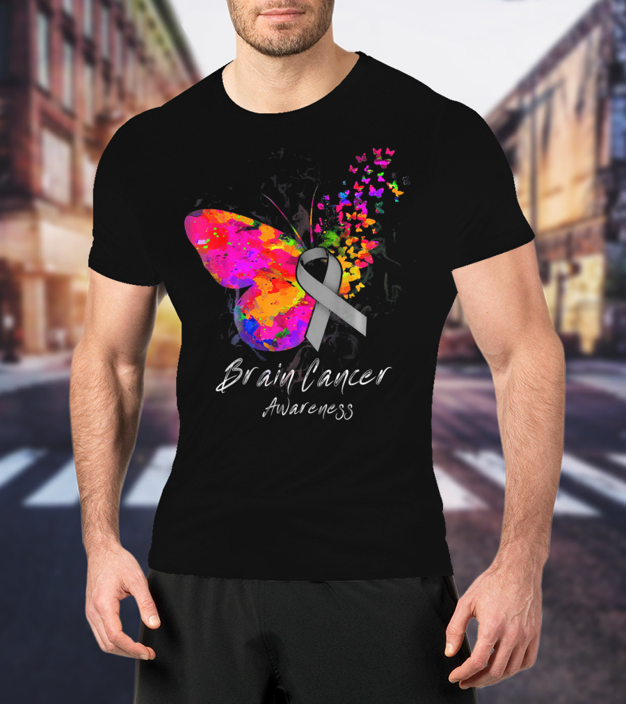 Brain Cancer Awareness Butterfly With Gray Ribbon And Colorful Wing Motif T-Shirt