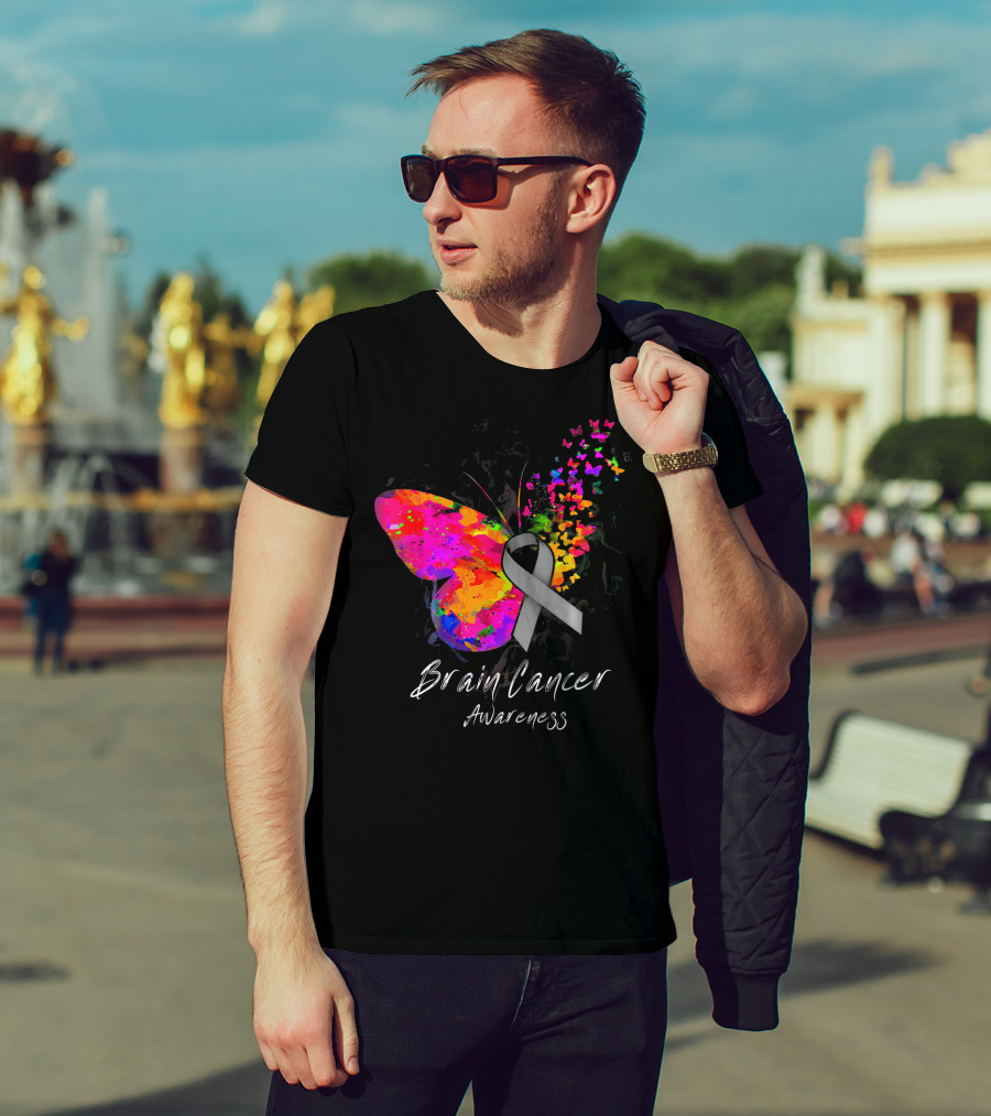 Brain Cancer Awareness Butterfly With Gray Ribbon And Colorful Wing Motif T-Shirt