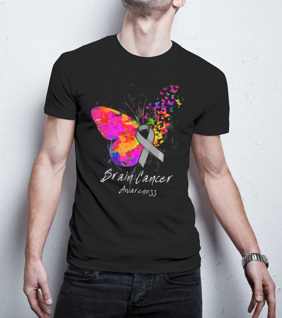 Brain Cancer Awareness Butterfly With Gray Ribbon And Colorful Wing Motif T-Shirt