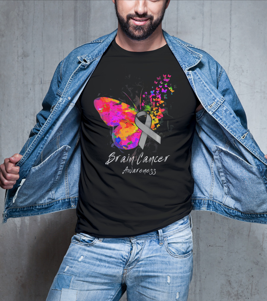 Brain Cancer Awareness Butterfly With Gray Ribbon And Colorful Wing Motif T-Shirt