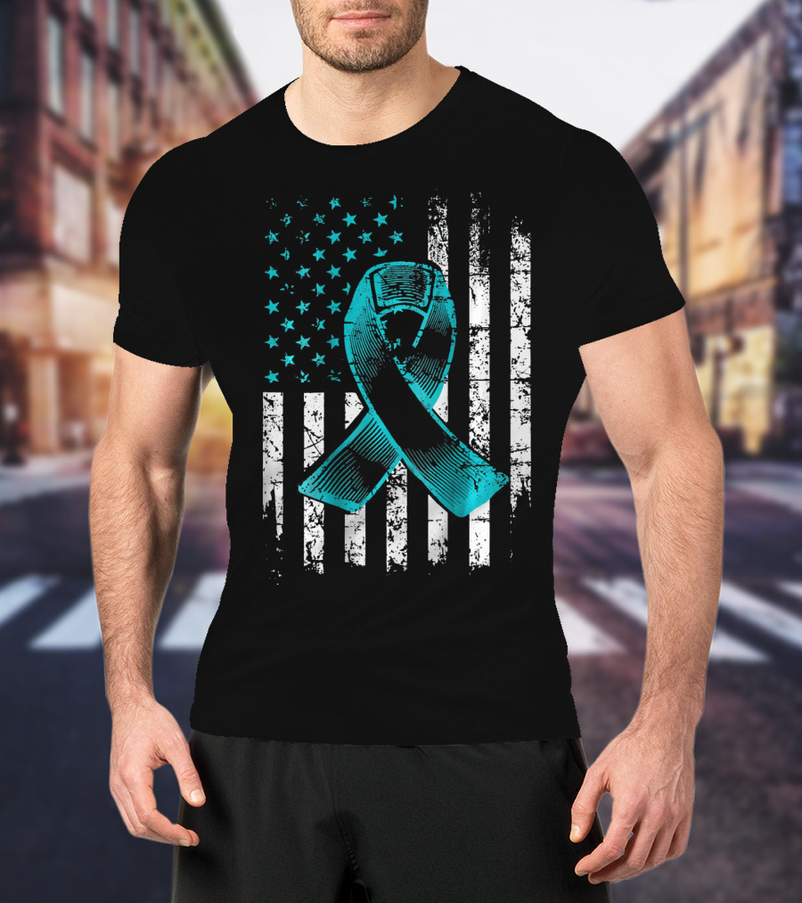 Fighting Flag Ovarian Cancer Awareness With Teal Ribbon And American T-Shirt