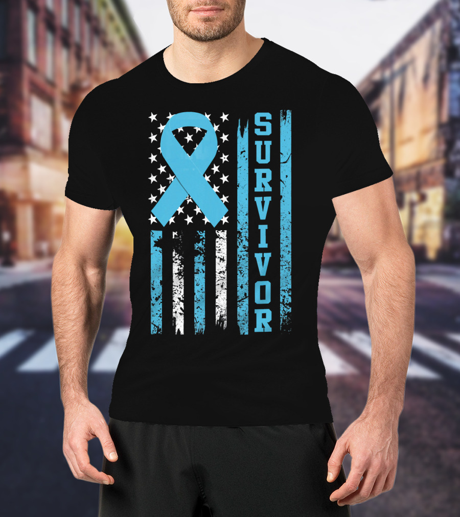 Survivor Blue Ribbon American Flag Prostate Cancer T-Shirt