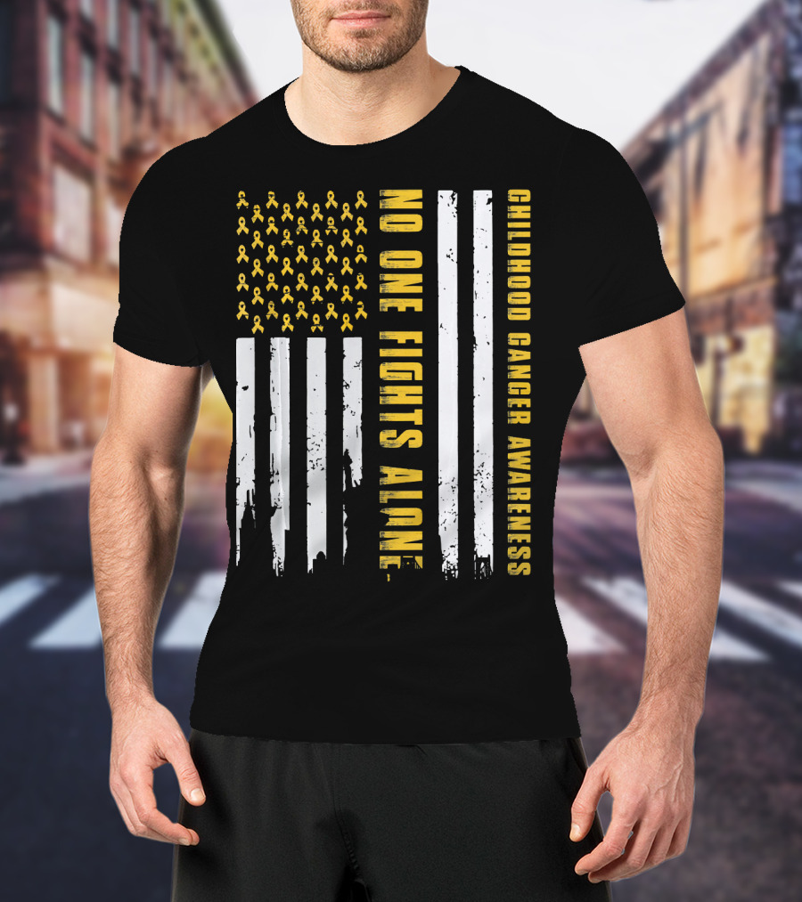 No One Fights Alone USA Flag Childhood Cancer Awareness T-Shirt
