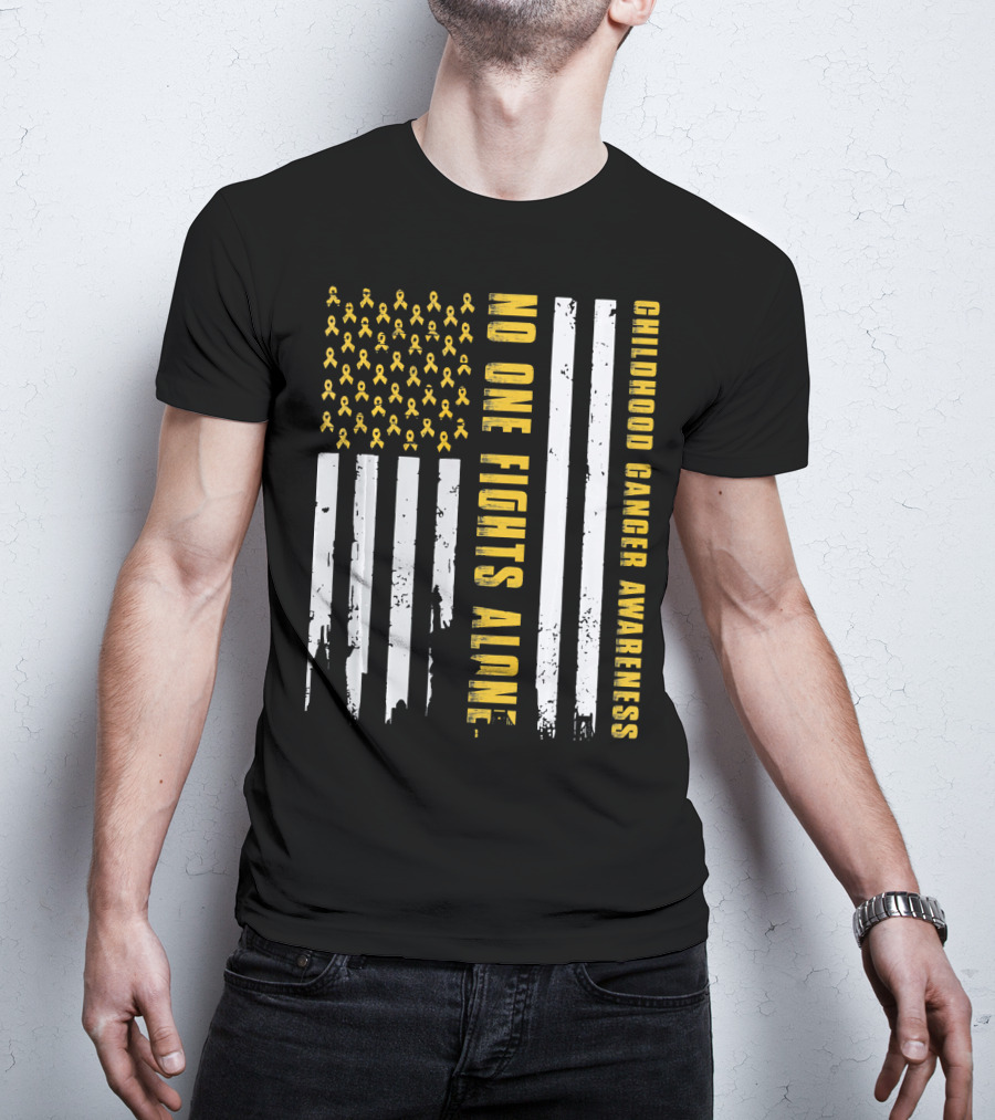 No One Fights Alone USA Flag Childhood Cancer Awareness T-Shirt