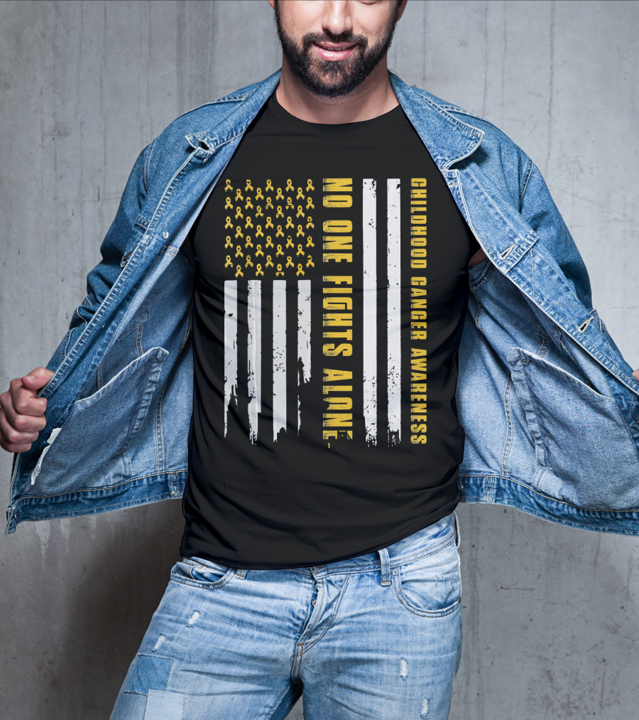 No One Fights Alone USA Flag Childhood Cancer Awareness T-Shirt