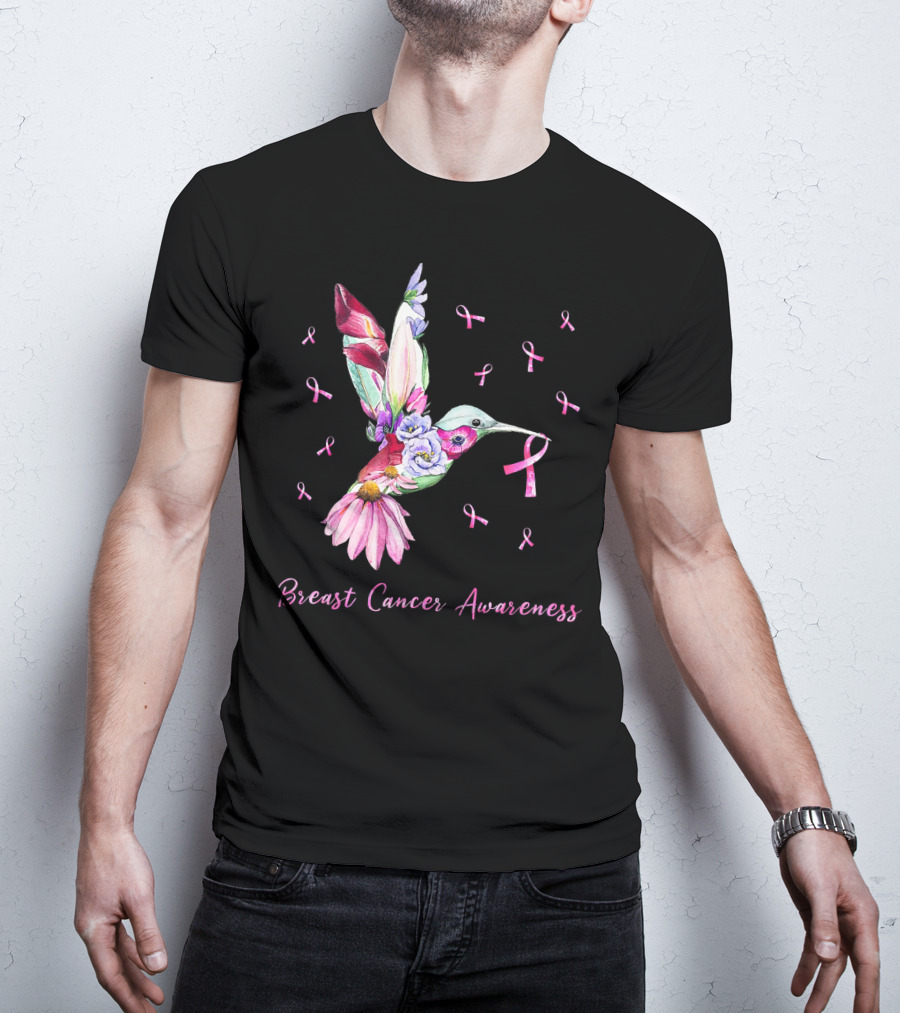 Breast Cancer Awareness Pink Ribbon Flower Hummingbird T-Shirt