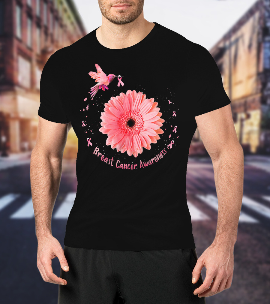 Hummingbird Pink Ribbon Breast Cancer Awareness Sunflower T-Shirt