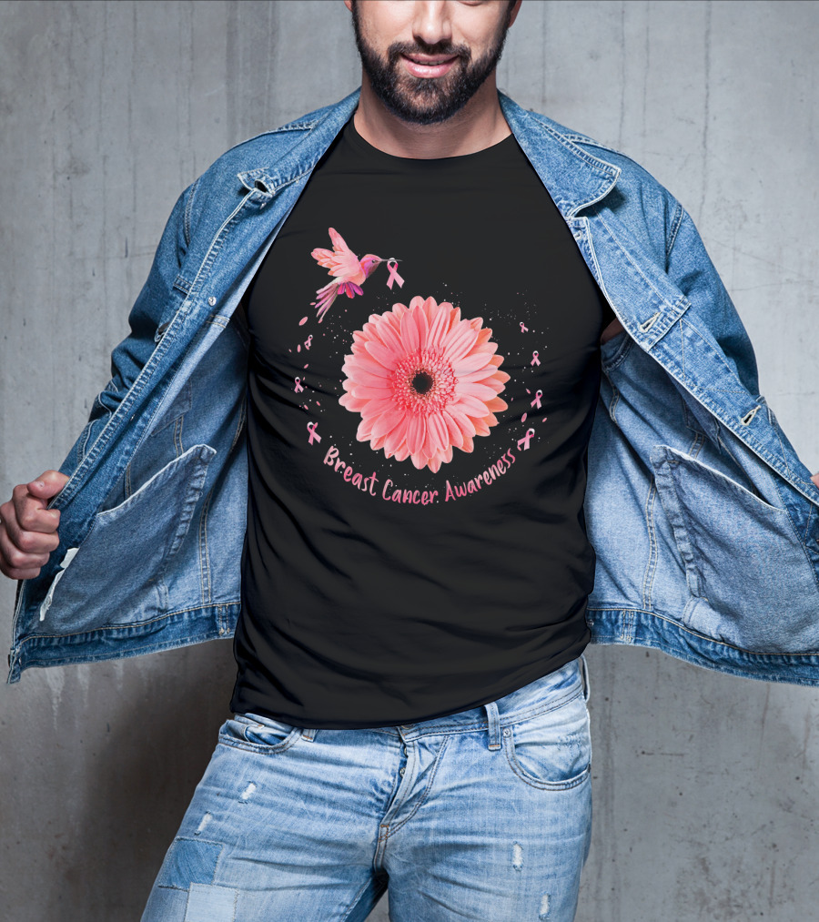 Hummingbird Pink Ribbon Breast Cancer Awareness Sunflower T-Shirt