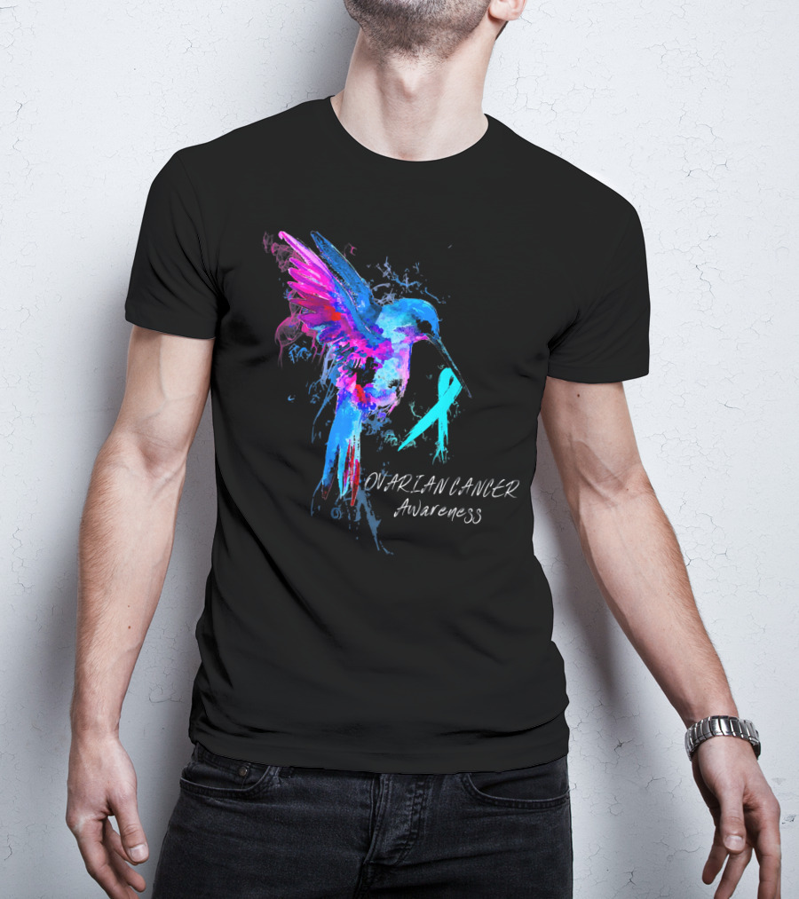 OVARIAN CANCER Awareness Hummingbird With Teal T-Shirt