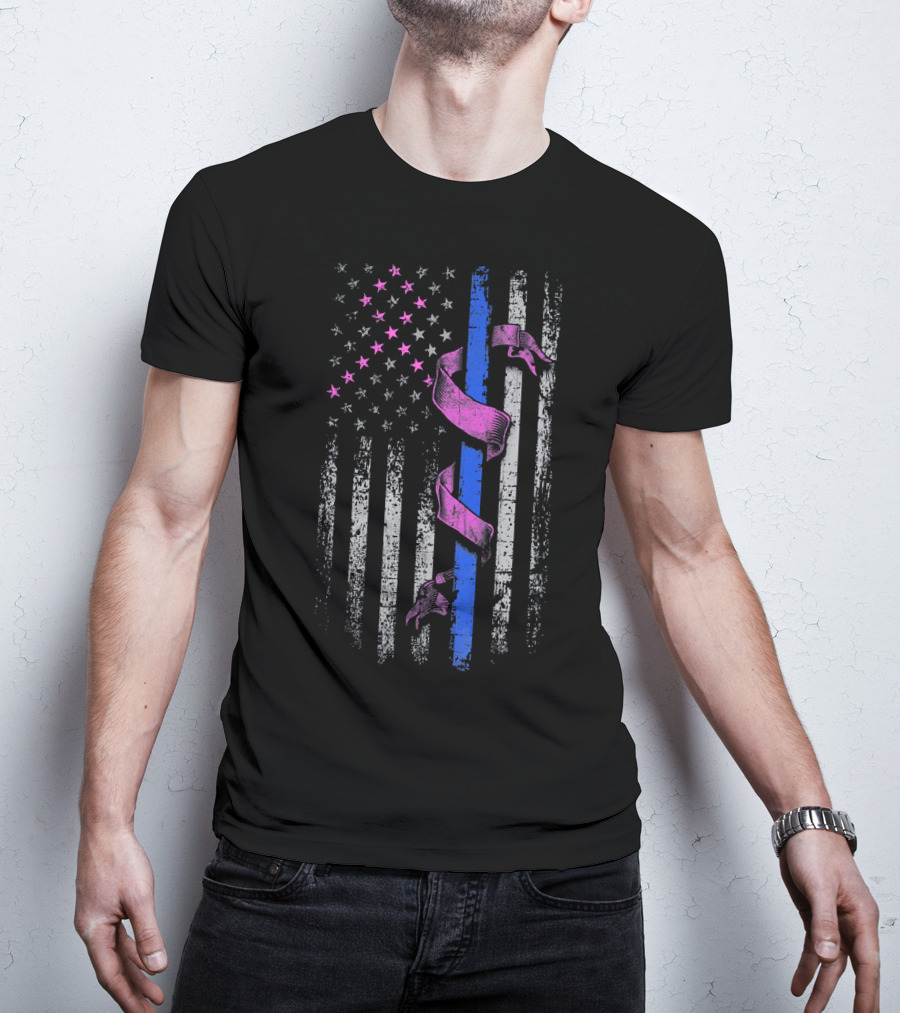 Thin Blue Line Pink Ribbon American Flag Breast Cancer Awareness T-Shirt
