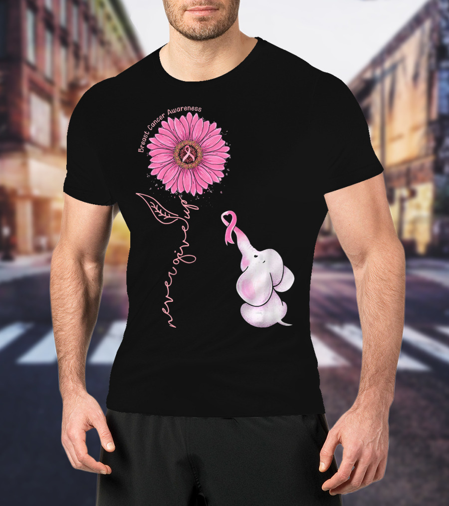 Breast Cancer Awareness Never Give Up Pink Ribbon Sunflower Elephant T-Shirt