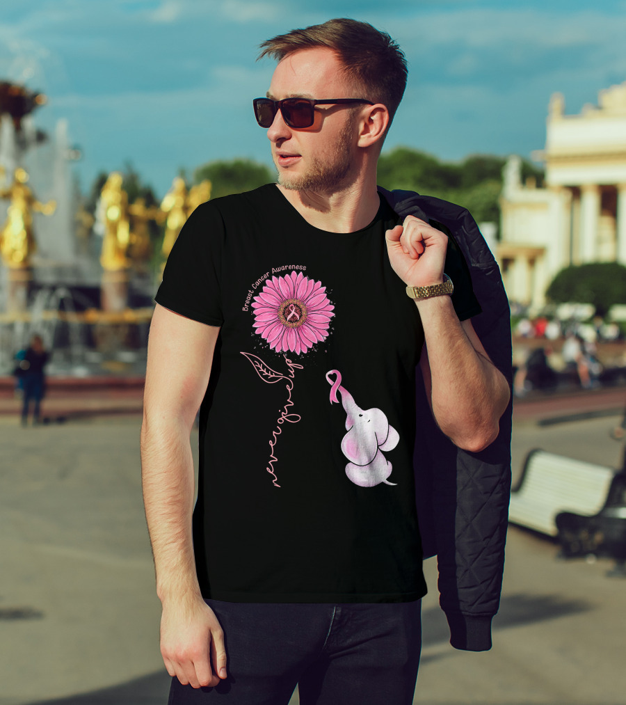 Breast Cancer Awareness Never Give Up Pink Ribbon Sunflower Elephant T-Shirt