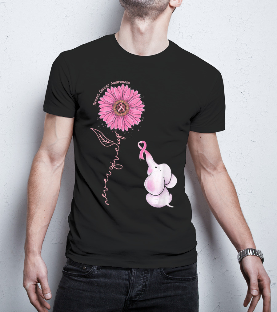 Breast Cancer Awareness Never Give Up Pink Ribbon Sunflower Elephant T-Shirt