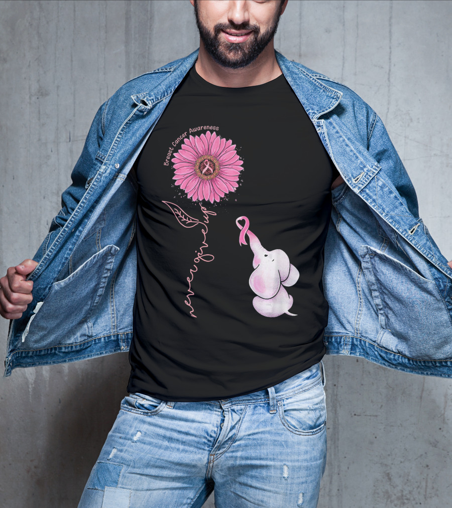 Breast Cancer Awareness Never Give Up Pink Ribbon Sunflower Elephant T-Shirt