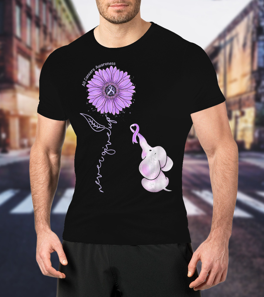 Never Giving Up All Cancers Awareness Sunflower Elephant T-Shirt