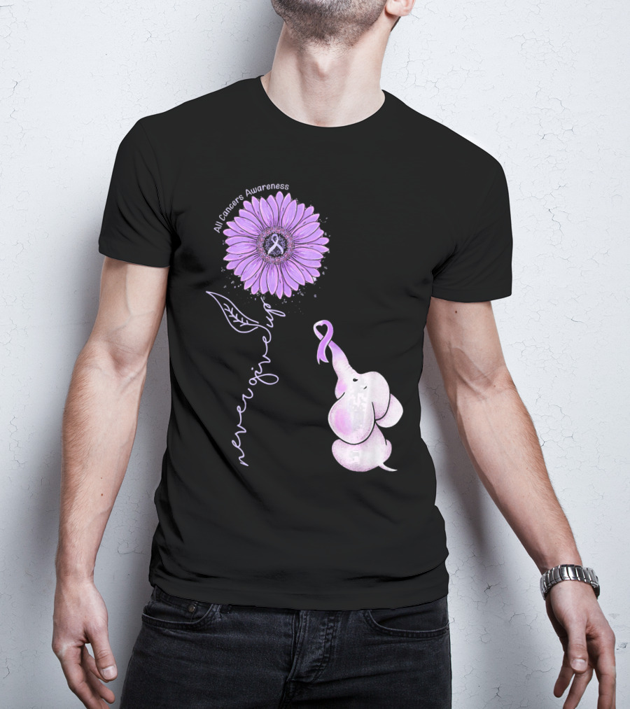 Never Giving Up All Cancers Awareness Sunflower Elephant T-Shirt