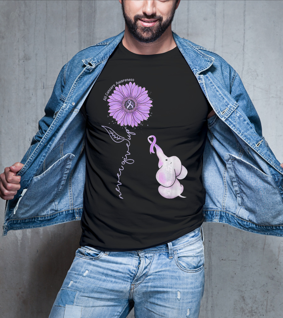 Never Giving Up All Cancers Awareness Sunflower Elephant T-Shirt