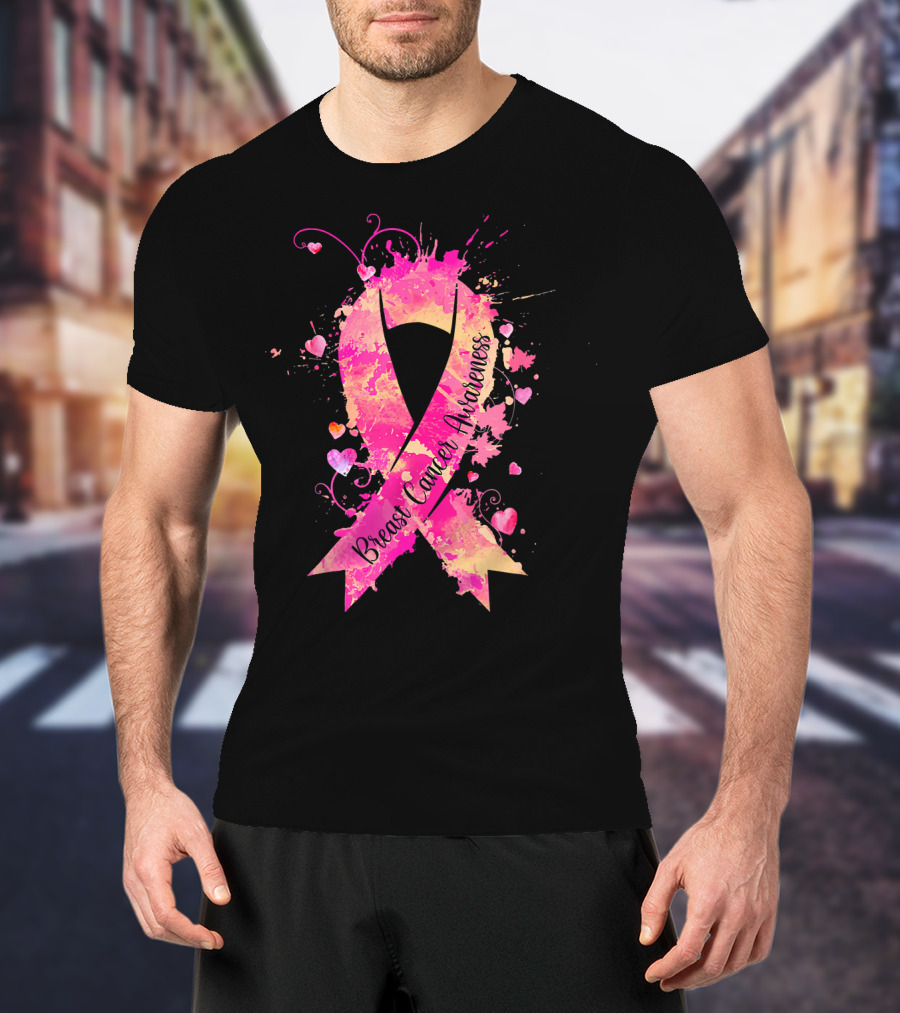 Breast Cancer Awareness Pink Ribbon Hearts And Splash T-Shirt