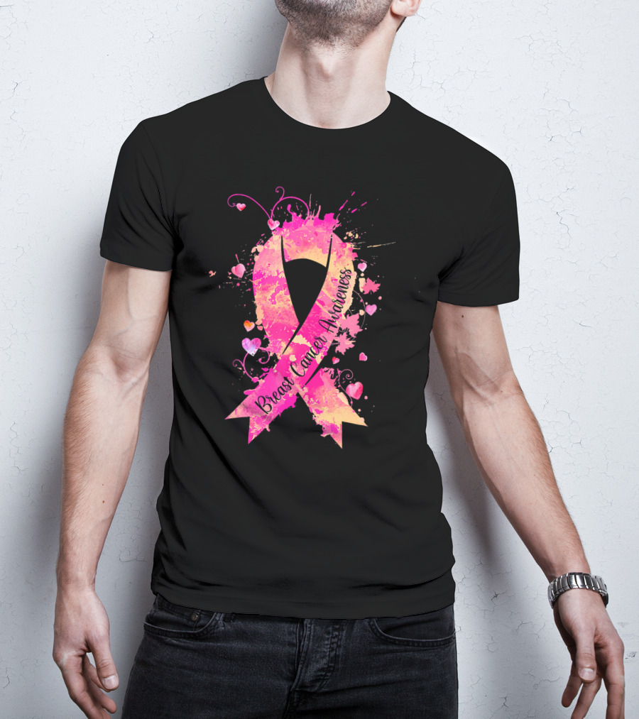 Breast Cancer Awareness Pink Ribbon Hearts And Splash T-Shirt