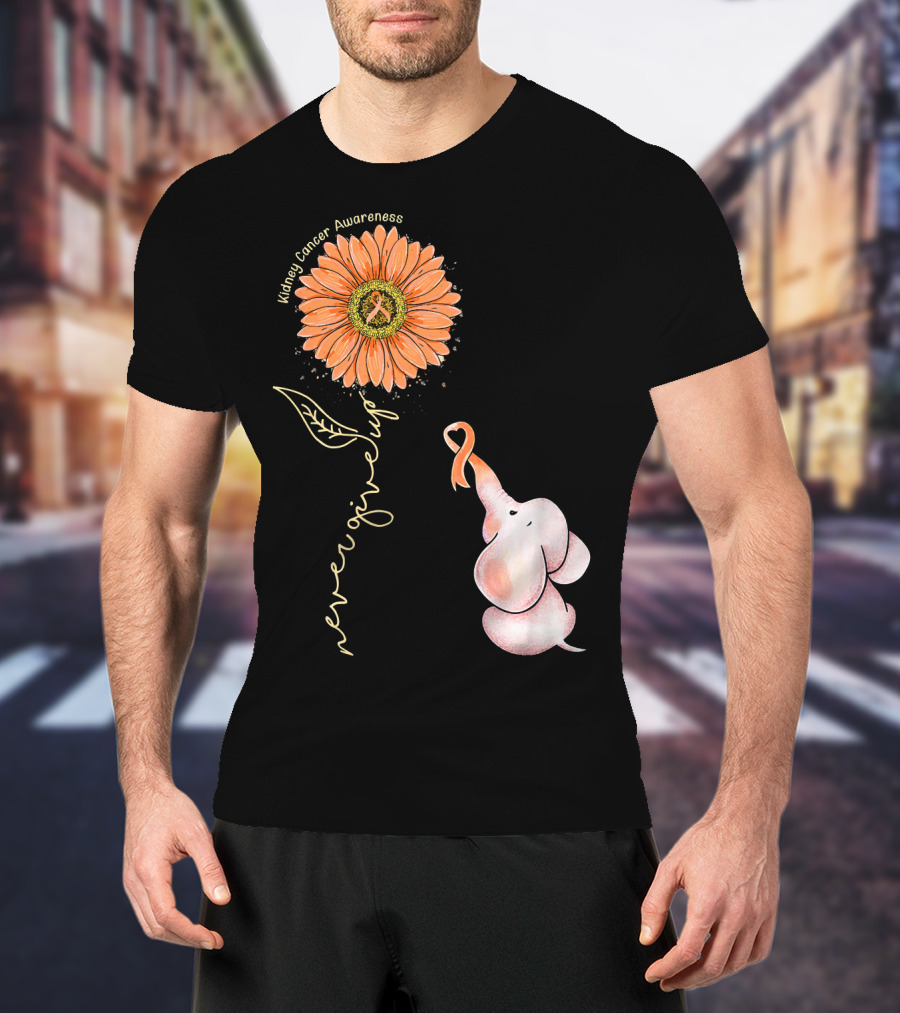 Kidney Cancer Awareness Sunflower Elephant Never Give Up T-Shirt