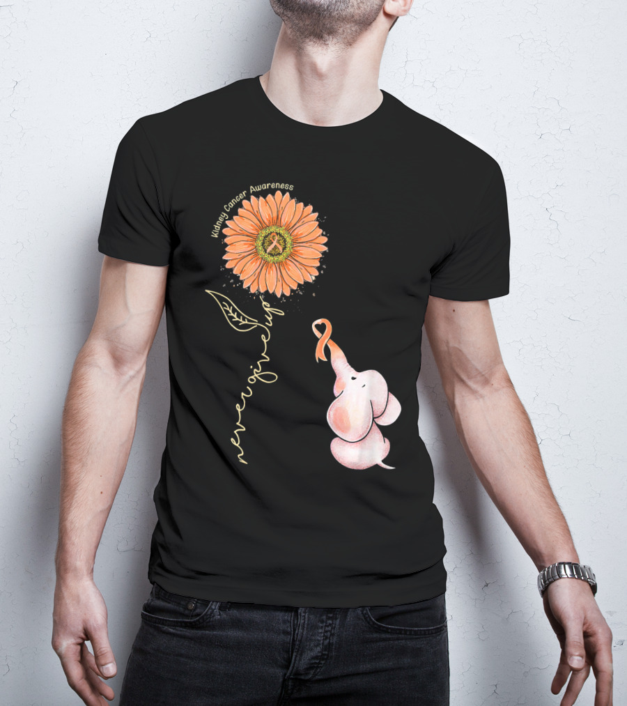 Kidney Cancer Awareness Sunflower Elephant Never Give Up T-Shirt