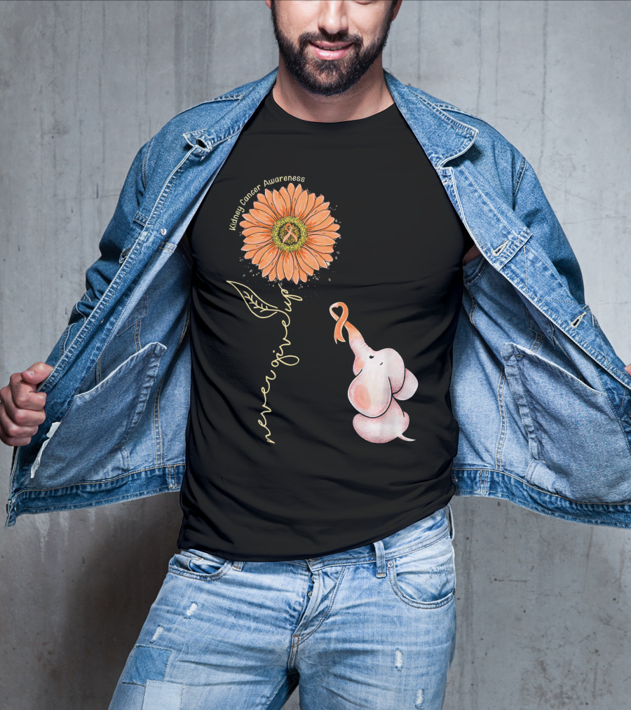 Kidney Cancer Awareness Sunflower Elephant Never Give Up T-Shirt